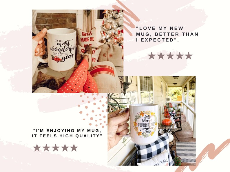 May include: Two white ceramic mugs with autumn-themed designs. The first mug features a red truck and the text "It's the most wonderful time of the year". The second mug features a wreath of fall leaves and the text "Fall breeze, autumn leaves, pumpkin spice please".