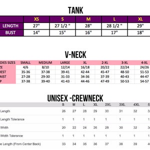 May include: Size chart for tank, v-neck, and crewneck tops. The chart includes measurements for length, bust, chest, waist, hip, and sleeve length. Measurements are in inches.