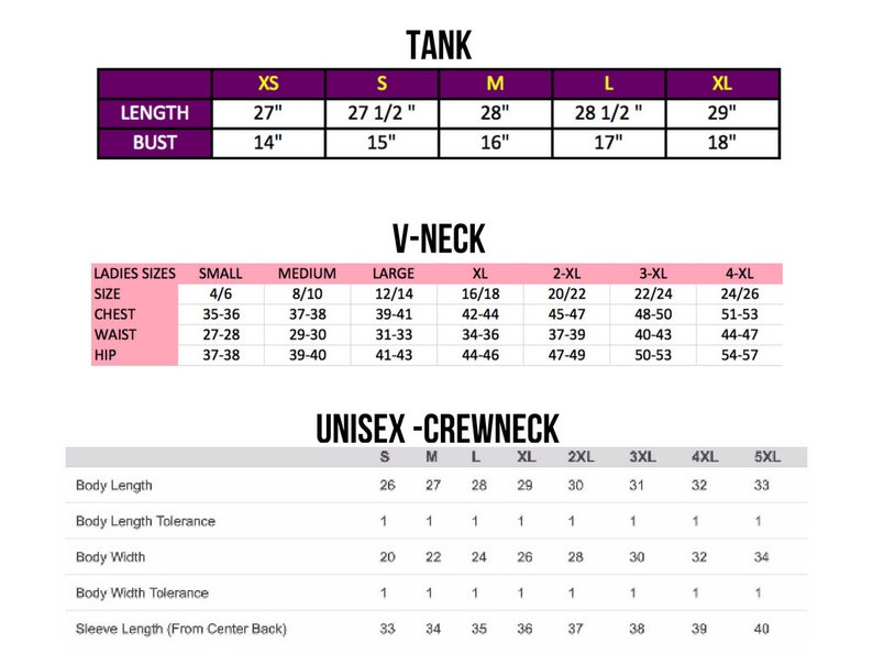 May include: Size chart for tank, v-neck, and crewneck tops. The chart includes measurements for length, bust, chest, waist, hip, and sleeve length. Measurements are in inches.
