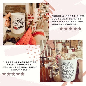 May include: Two white ceramic mugs with Christmas-themed designs. The first mug features a red truck with the text "It's the most wonderful time of the year". The second mug features a wreath with the text "Have a holly jolly Christmas".