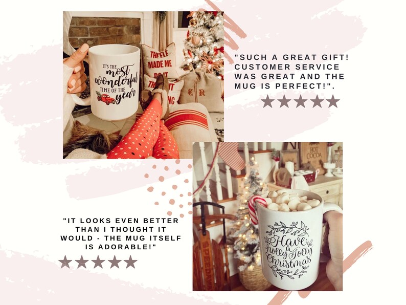 May include: Two white ceramic mugs with Christmas-themed designs. The first mug features a red truck with the text "It's the most wonderful time of the year". The second mug features a wreath with the text "Have a holly jolly Christmas".