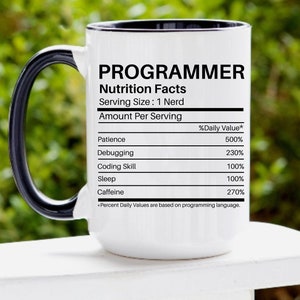 May include: White ceramic mug with a black handle and rim. The mug features a black and white graphic that reads "PROGRAMMER Nutrition Facts Serving Size: 1 Nerd Amount Per Serving %Daily Value* Patience 500% Debugging 230% Coding Skill 100% Sleep 100% Caffeine 270% *Percent Daily Values are based on programming language."