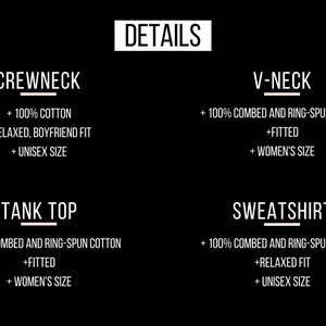 May include: A graphic showing the details of different types of shirts. The options include crew neck, v-neck, tank top, and sweatshirt. Each option lists the fabric type and fit.