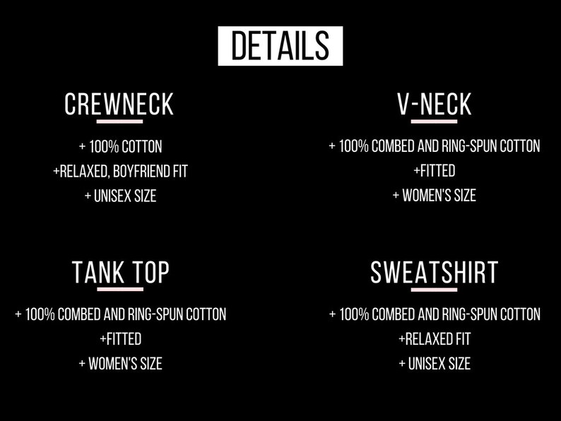 May include: A graphic showing the details of different types of shirts. The options include crew neck, v-neck, tank top, and sweatshirt. Each option lists the fabric type and fit.