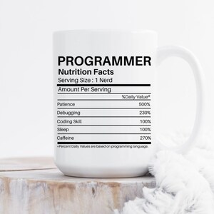 Puede incluir: Taza de cer&aacute;mica blanca con la palabra "PROGRAMMER" en la parte superior, seguida de "Nutrition Facts". La taza enumera "Patience", "Debugging", "Coding Skill", "Sleep" y "Caffeine" con valores porcentuales.