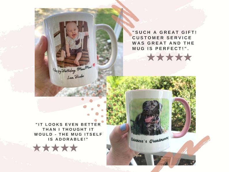May include: Two white ceramic mugs with personalized images and text. The first mug features a photo of a baby boy and the text "Happy Birthday, Maw Maw! Love, Brodie". The second mug features a photo of a black dog and the text "Guinness's Grandmommy".