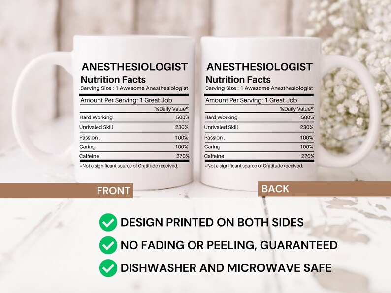 May include: White ceramic coffee mug with a black design that reads "Anesthesiologist Nutrition Facts" with a humorous breakdown of the daily value of hard working, unrivaled skill, passion, caring, and caffeine. The mug is printed on both sides and is dishwasher and microwave safe.
