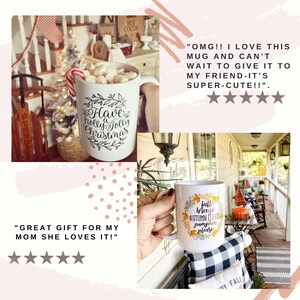 May include: Two white ceramic mugs with black lettering. The first mug has a Christmas design with the text "Have a holly jolly Christmas". The second mug has an autumn design with the text "Fall breeze, autumn leaves, pumpkin spice please".