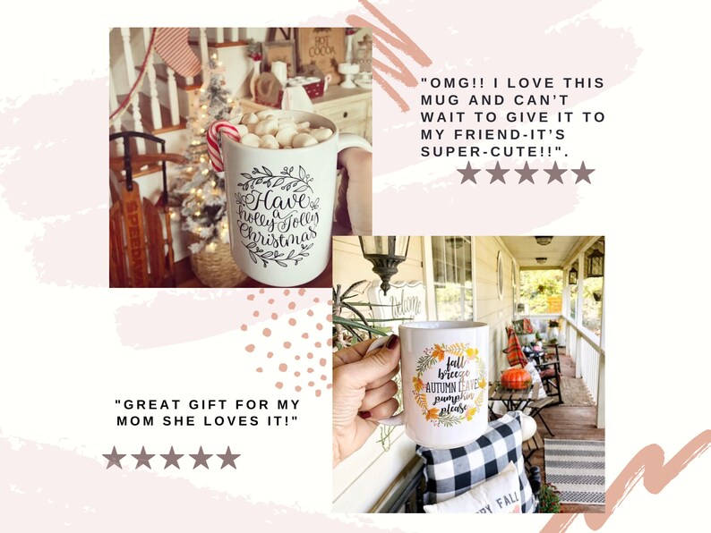 May include: Two white ceramic mugs with black lettering. The first mug has a Christmas design with the text "Have a holly jolly Christmas". The second mug has an autumn design with the text "Fall breeze, autumn leaves, pumpkin spice please".
