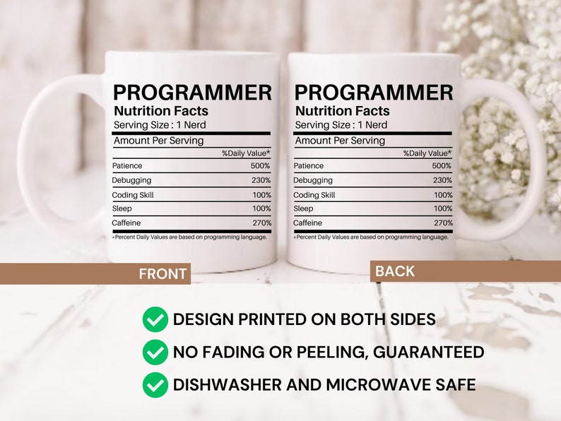 May include: White ceramic mug with a black design that reads "Programmer Nutrition Facts" with a list of skills and their daily value percentages. The mug is printed on both sides and is dishwasher and microwave safe.