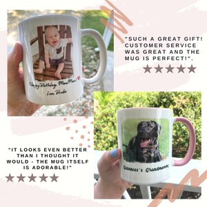 Puede incluir: Tazas de cer&aacute;mica blanca con impresiones fotogr&aacute;ficas personalizadas. Una taza presenta a un beb&eacute; en una silla de madera, con el texto "Happy Birthday, MawMaw! Love, Brodie." La otra taza tiene una foto de un perro negro, con el texto "Guinness's Grandmommy."