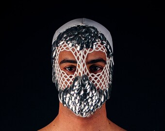 White Mesh Face Mask with Glittery Silver Dragon Scales for Halloween