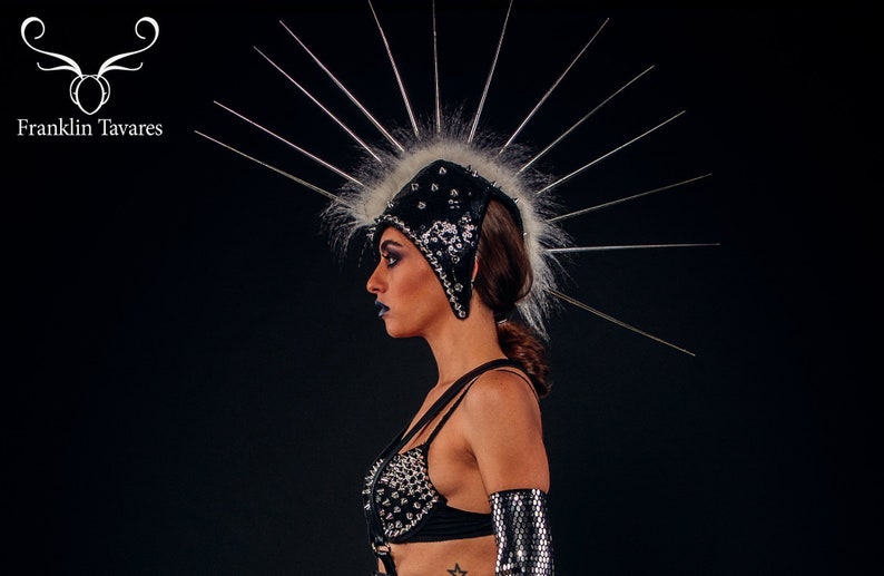 Silver Spikes Black Mohawk Franklin Tavares unique Design Burning man costume studs party festival wear Punk Rock Headdress Headpiece