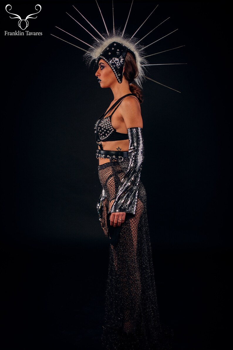 Silver Spikes Black Mohawk Franklin Tavares unique Design Burning man costume studs party festival wear Punk Rock Headdress Headpiece