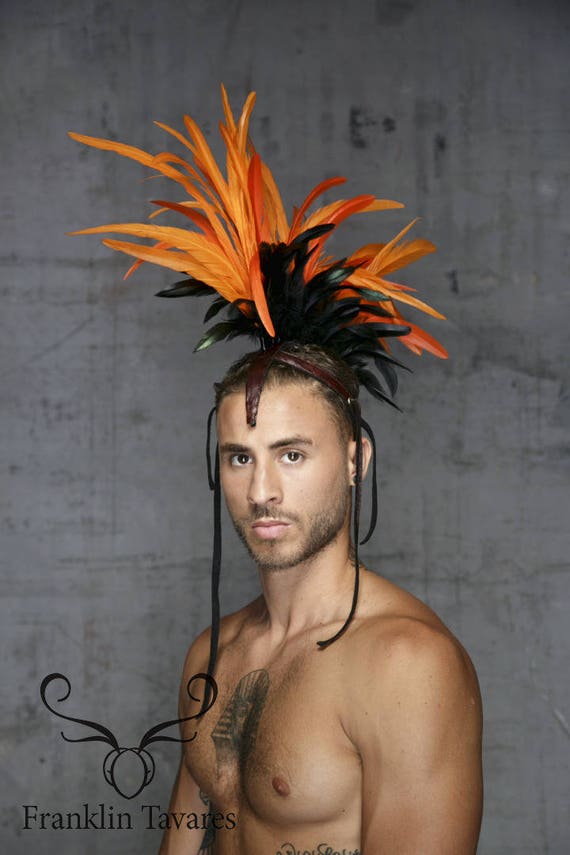 Orange Tribal Feather Mohawk Headdress 