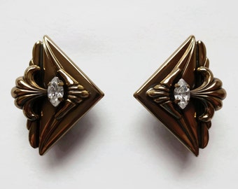 RARE Signed Ermani Bulatti Vintage Art Deco Nouveau Egyptian Revival Geometric Gold Triangle Clip On Earrings Swarovski Crystal Rhinestone