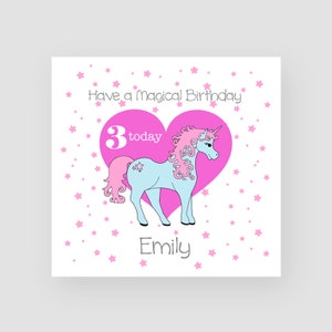 Personalised 3rd Birthday Card For Her - Third Birthday Card - Age 3 - Magical Unicorn - Little Girl - Kids Birthday Card - ANY NAME/AGE
