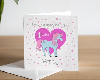 Personalised 4th Birthday Card For Her - Fourth Birthday Card - Age 4 - Magical Unicorn - Little Girl - Kids Birthday Cards - ANY NAME/AGE