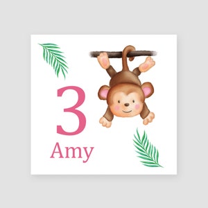 Cartão de aniversário personalizado de 3 anos, macaco, cartão de terceiro aniversário, 3 anos, cartão de aniversário para crianças, zoológico, animal, presente de aniversário feito à mão para ela