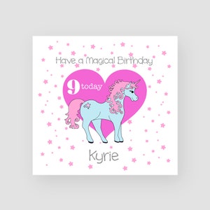 Carte de 9e anniversaire personnalisée pour elle - Carte de neuvième anniversaire - 9 ans - Licorne magique - Petite fille - Carte d'anniversaire pour enfants - N'IMPORTE QUEL NOM/ÂGE