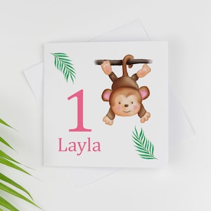 Cartão de aniversário personalizado de 1º aniversário, cartão de aniversário de macaco, cartão de aniversário infantil de 1 ano para crianças, presente de aniversário de animal de zoológico feito à mão para ela