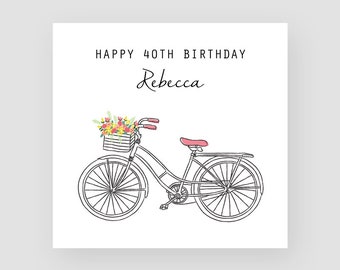 Personalised 40th Birthday Card Mum 40 Handmade Birthday Card For 40th Birthday Gifts Wife Age 40 Flowers Birthday Card Vintage Bicycle