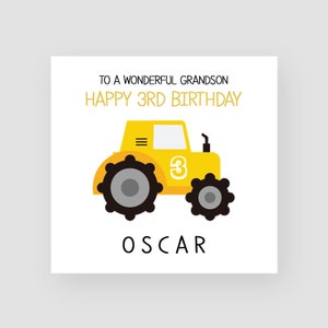 Tarjeta personalizada del tercer cumpleaños - Tercera tarjeta de cumpleaños para el hijo - Tarjeta del tercer cumpleaños del nieto - Tarjeta de cumpleaños del tractor - Tarjeta de cumpleaños del excavador