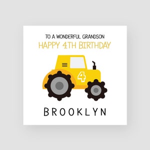 Tarjeta de cumpleaños personalizada del 4to - Tarjeta de cuarto cumpleaños para el hijo - Tarjeta de cumpleaños del 4to nieto - Tarjeta de cumpleaños del tractor - Tarjeta de cumpleaños del excavador