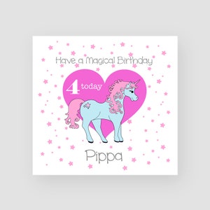 Biglietto di compleanno personalizzato per il 4° compleanno per lei - Biglietto di compleanno per bambini - 4 anni - Unicorno magico - Bambina - Biglietti di compleanno per bambini - QUALSIASI NOME/ETÀ