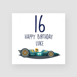 Gepersonaliseerde 16e verjaardagskaart - zestiende verjaardagskaart - 16 jaar - racewagen - verjaardagskaarten voor hem - voor mannen - ELKE NAAM/LEEFTIJD