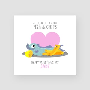 Cartolina di giorno divertente personalizzato di San Valentino-andiamo insieme come fish & chips-lui/lei-marito/moglie-fidanzato/fidanzata-fiance/fidanzata