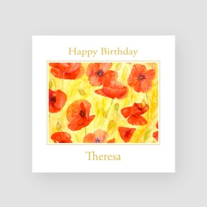 Cartão de aniversário personalizado com flor - Cartão de aniversário em aquarela - Cartão de aniversário da mãe - Cartão de aniversário da avó - Flor de papoula - QUALQUER NOME/IDADE