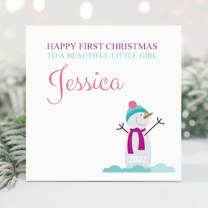 Personalised 1st Christmas Card For Girl - First Christmas Card - Snowman Xmas Card - Daughter 1st Christmas Card - Keepsake Christmas Card