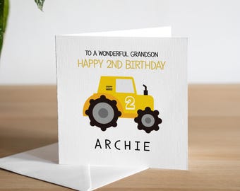 Personalised 2nd Birthday Card - Second Birthday Card For Son - Grandson 2nd Birthday Card - Tractor Birthday Card - Digger Birthday Card