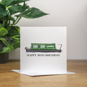 Biglietto di auguri personalizzato per il 50° compleanno per lui - Biglietto di auguri per il compleanno di una chiatta - Biglietto di auguri per il 50° compleanno del marito - Biglietto di auguri per il 50° compleanno del papà - Regali per barche sui canali