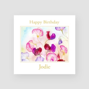 Gepersonaliseerde bloem verjaardagskaart - aquarel verjaardagskaart - moeder verjaardagskaart - oma verjaardagskaart - Sweet Pea Flower - ELKE NAAM/LEEFTIJD