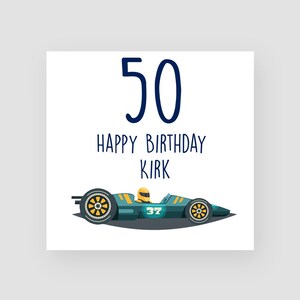 Biglietto di compleanno personalizzato del 50 ° compleanno - Cinquantesimo biglietto di compleanno - 50 anni - Auto da corsa - Biglietti di compleanno per lui - Per gli uomini - QUALSIASI NOME / ETÀ