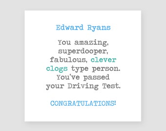 Personalised Passed Driving Test Card - Clever Clogs - Him - Son - Grandson - Nephew - Congratulations Cards - Well Done Cards - Exams