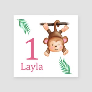 Cartão de primeiro aniversário personalizado, cartão de primeiro aniversário de macaco, idade 1, cartão de aniversário para crianças, zoológico, animal, presente de aniversário feito à mão para ela
