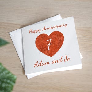 Carte personnalisée du 7e anniversaire de mariage en cuivre, cadeau d'étape fait main du 7e anniversaire de mariage pour eux, sept ans de mariage