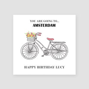 Cartão personalizado você vai para Amsterdã, surpresa de aniversário, cartão de férias surpresa de Amsterdã, surpresa de aniversário, bicicleta da Holanda