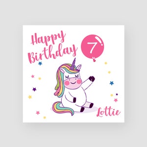Cartão de aniversário personalizado para ela - Cartão de sétimo aniversário - 7 anos - Balão de unicórnio - Menina - Cartão de aniversário infantil - QUALQUER NOME/IDADE