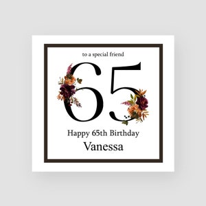 Carte d'anniversaire personnalisée pour 65 ans - Carte de soixante-cinquième anniversaire - 65 ans - Chiffres floraux - Pour femme - Pour elle - TOUT NOM
