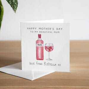 Biglietto di auguri personalizzato per la festa della mamma con gin rosa, regalo fatto a mano per la festa della mamma per bevitori di gin, biglietto per la festa della mamma per la matrigna, biglietto per la festa della mamma per gli amanti del gin
