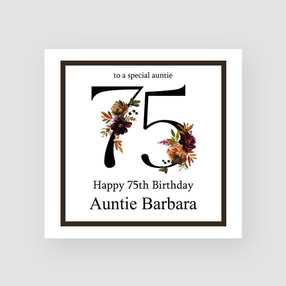 Biglietto di auguri personalizzato per il 75° compleanno - Settantacinquesimo compleanno - 75 anni - Numeri floreali - Per donne - Per lei - QUALSIASI NOME - Italia