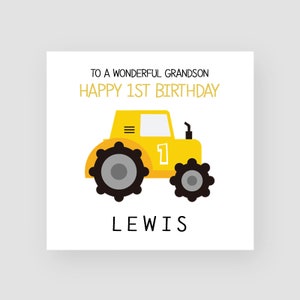 Tarjeta de cumpleaños personalizada del 1er - Primera tarjeta de cumpleaños para el hijo - Tarjeta de 1er cumpleaños del nieto - Tarjeta de cumpleaños del tractor - Tarjeta de cumpleaños del excavador