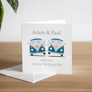 Cartão personalizado para o dia do casamento do mesmo sexo - Cartão de casamento em campervan azul - Cartão de casamento do Sr. e Sr. - Cartão de casamento gay - Cartão de casamento do noivo