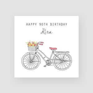 Personalised 90th Birthday Card Mum 90 Handmade Birthday Card For 90th Birthday Gifts Grandma Age 90 Flowers Birthday Card Vintage Bicycle