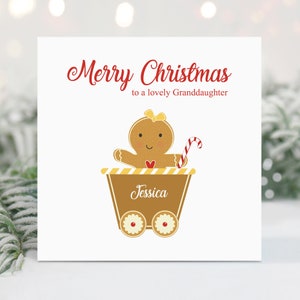 パーソナライズされたクリスマス カード - 孫娘向け - ジンジャーブレッド カート - クリスマスの小さな女の子 - 女の赤ちゃん - パーソナライズされたクリスマス カード