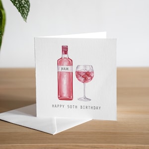 Biglietto di auguri personalizzato per il 50° compleanno con gin rosa per lei - Biglietto di auguri per il 50° compleanno della mamma - Biglietto di auguri per il 50° compleanno della moglie - Biglietto di auguri per il compleanno di un amico
